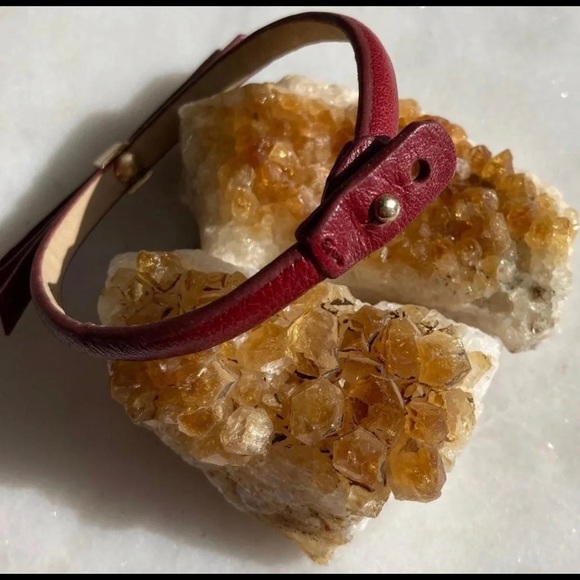 Dark Red Burgundy Leather Bow Bracelet with gold Pyramid Studs - Picture 4 of 4